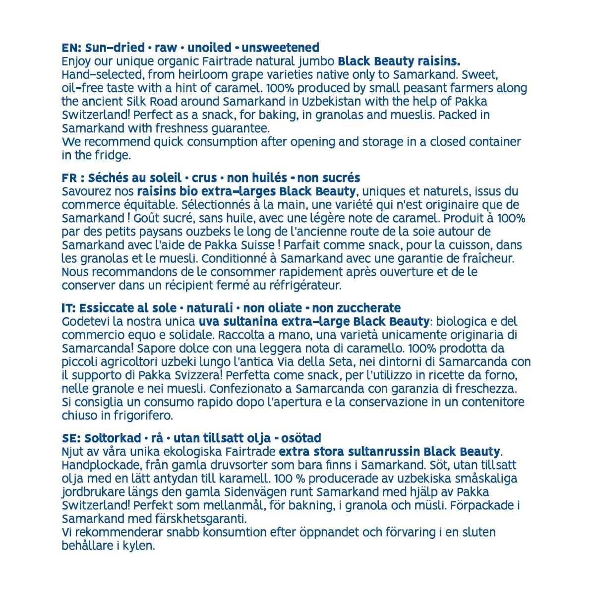 PAKKA - Raisins secs Black Beauty Bio Fairtrade 600gr, bio, sans pépins, raisins noirs, séchés au soleil, sans huile, donc collants, sans soufre, directs des petits agriculteurs de Samarkand en Ouzbékistan Produits déshydratés Naty Shop