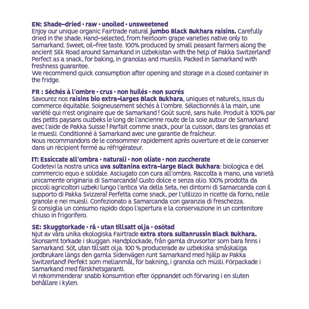 PAKKA - Raisins secs de Boukhara biologiques et équitables 600 g de raisins noirs géants de Boukhara sans pépins séchés à l'ombre, sans huile, si collants, sans soufre, directement des petits agriculteurs de Samarkand en Ouzbékistan 600 g Naty Shop Produits déshydratés
