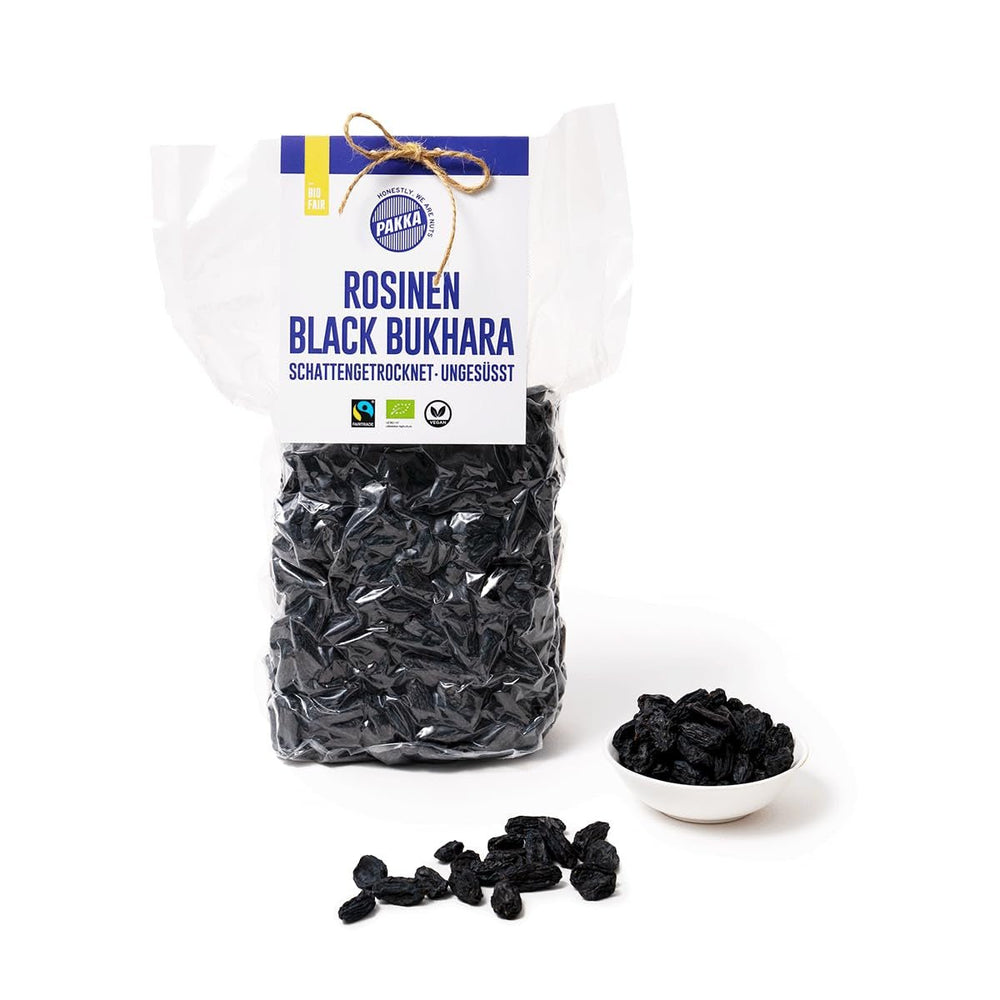 PAKKA - Raisins secs de Boukhara biologiques équitables 600 g, raisins noirs géants de Boukhara sans pépins et séchés à l'ombre, sans huile, si collants, sans soufre, directement des petits agriculteurs de Samarkand en Ouzbékistan 600 g de produits déshydratés Naty Shop variante 2 : 1 kg (1 paquet)