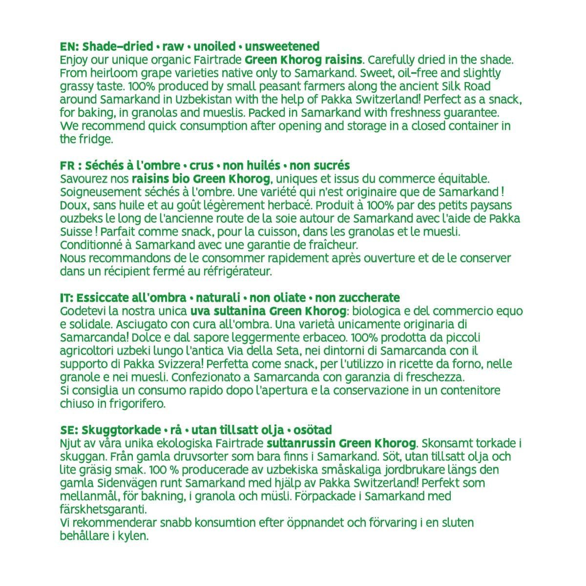 PAKKA - Stafide organice Fairtrade Green Khorog 750g, organice și Fairtrade, fără semințe, uscate la umbră, fără ulei, deci lipicioase, direct de la micii fermieri din Samarkand în Uzbekistan, vegan, 750g Produse deshidratate Naty Shop