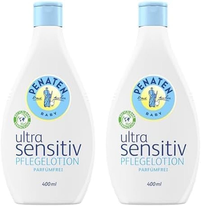 PENATEN Ultra Sensitive Care Cream Face & Body (100ml) cremă de față și de corp pentru bebeluși fără parfum, cremă hidratantă protectoare și hrănitoare pentru pielea foarte sensibilă a bebelușilor predispuși la neurodermatită Copii - Baie si Skincare Naty Shop 400 Ml (pachet de 2) Loțiune de îngrijire ultra-sensibilă