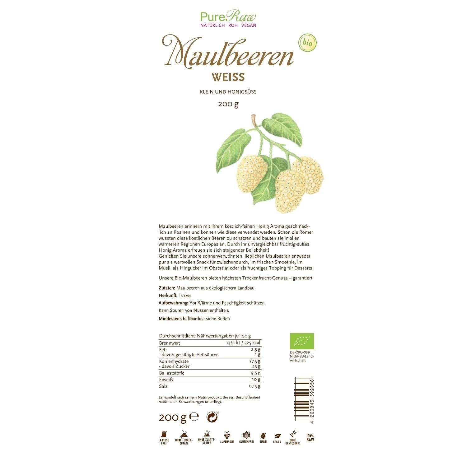 Mûres blanches séchées biologiques de qualité supérieure (crues végétaliennes) Morus Alba Mulberry Fruit - Fruits secs sans sucre ajouté de Turquie - Fruits secs de mûres blanches crues biologiques | Produits déshydratés PureRaw 200g Naty Shop