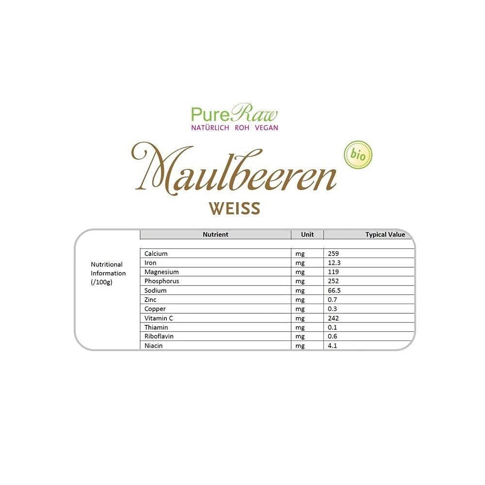 Mûres blanches séchées biologiques de qualité supérieure (crues végétaliennes) Morus Alba Mulberry Fruit - Fruits secs sans sucre ajouté de Turquie - Fruits secs de mûres blanches crues biologiques | Produits déshydratés PureRaw 200g Naty Shop