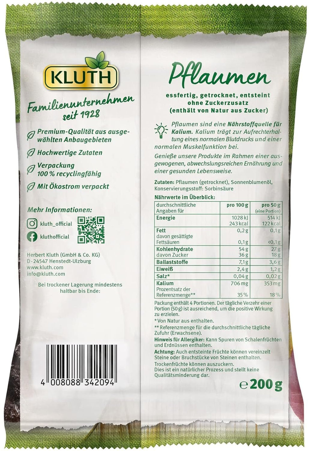 Prunes avec noyaux 200g - Aromatiques, fruitées et naturellement sucrées - Vegan, sans soufre, sans noyaux et sans sucre ajouté - Nutri-Score A (1 x 200g) Produits déshydratés Naty Shop