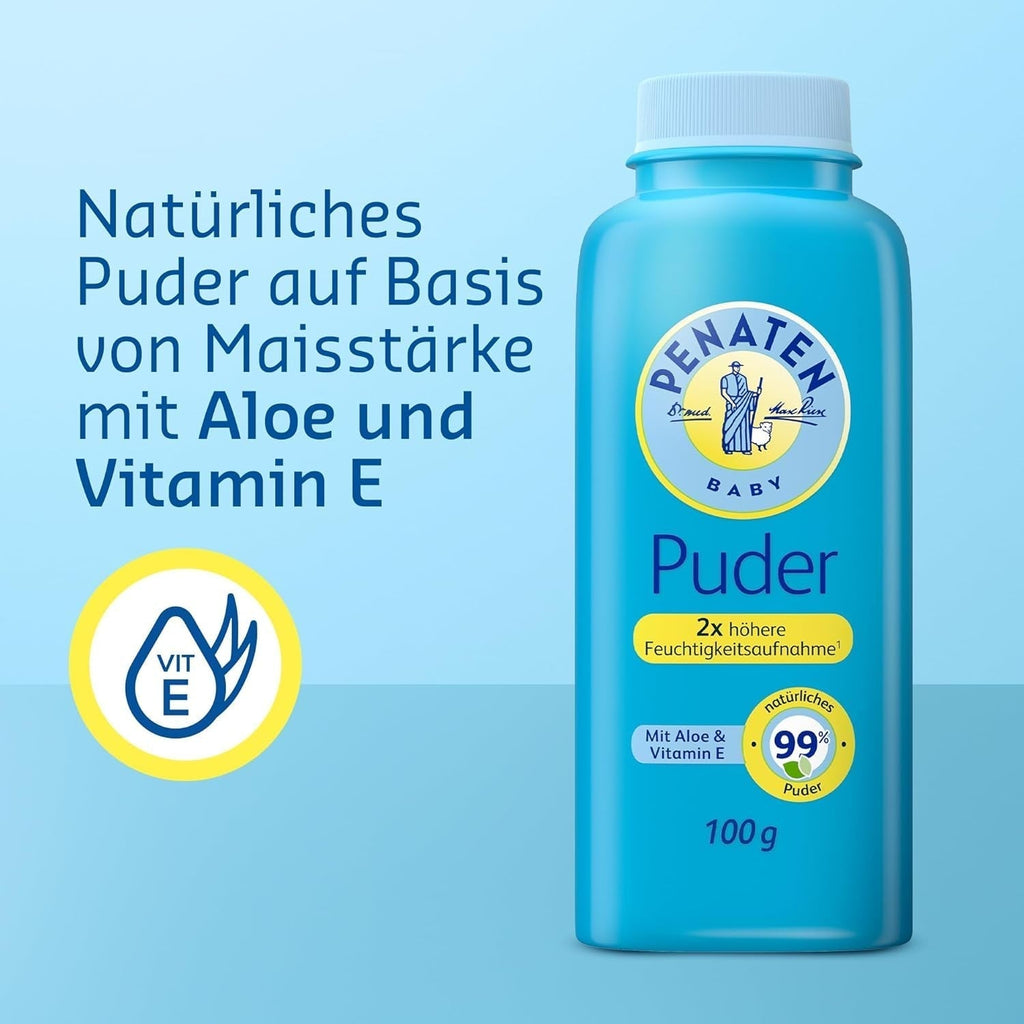 Pudră naturală pentru bebeluși Penaten cu aloe și vitamina E (1x 100g)- Protejează pielea sensibilă, absoarbe umezeala și menține pielea uscată- Aprobat dermatologic-99% ingrediente de origine naturală Copii - Baie si Skincare Naty Shop