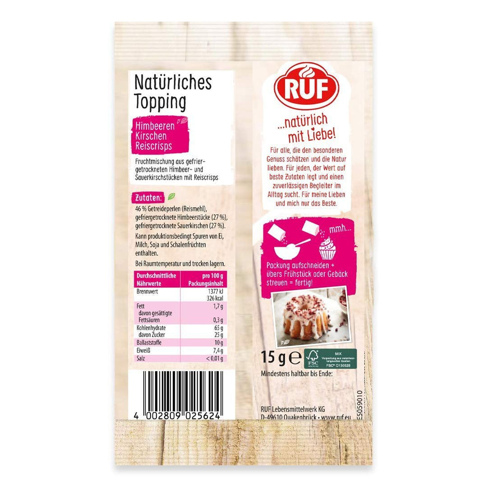 RUF Garniture Naturelle aux Framboises, Cerises, Chips de Riz, Sans Additifs Artificiels, Mélange de Fruits pour Porridges et Pâtisseries, Sans Gluten, Vegan, 15g (Pack de 3) Produits Déshydratés Naty Shop