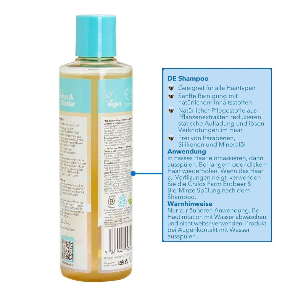 Șampon pentru copii Childs Farm 250 ml | Căpșuni și mentă organică | Toate tipurile de păr | Demontează și hrănește | Potrivit pentru pielea uscată, sensibilă și predispusă la neurodermatită Copii - Baie si Skincare Naty Shop