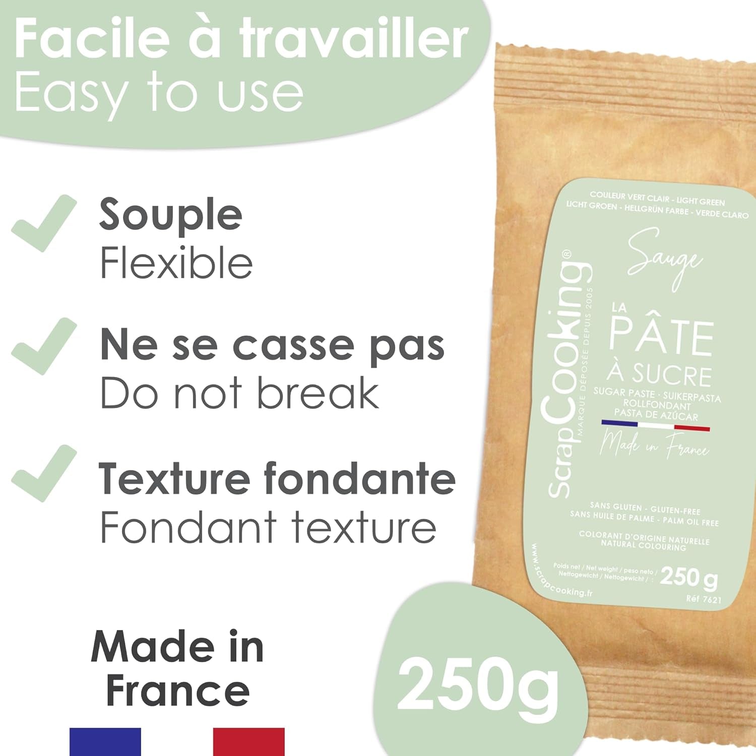 ScrapCooking - Pâte à Sucre Vert Sauge 250g - Colorant d'Origine Naturelle - Sans Gluten, Sans Huile de Palme - Pour Gâteaux, Pâtisseries Anniversaire - Vert Pastel - Fabrikie en France - 7621 Pâte à sucre Naty Shop