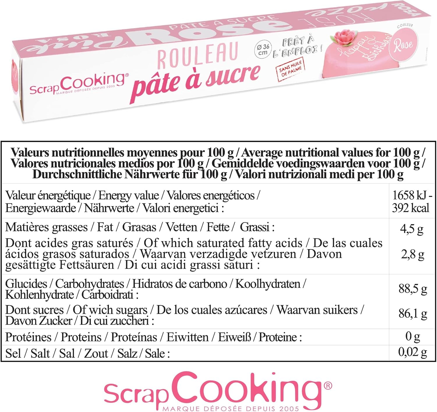 ScrapCooking - Rouleau de fondant rose â'¬ 36 cm - Fondant noir roulé 430 g - Cake topper fondant topper décoration pour gâteaux, pâtisserie, anniversaires, fêtes - Rose - 7264 Pâte à sucre Naty Shop