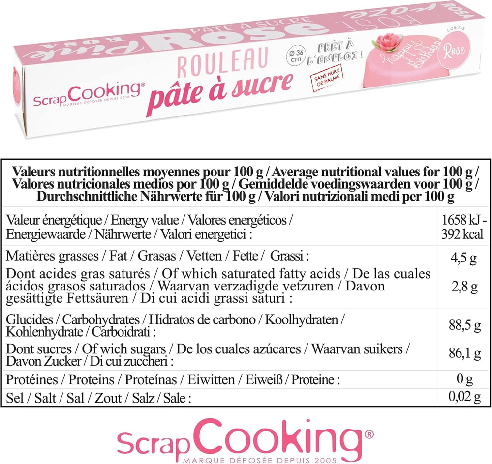 ScrapCooking - Rouleau de fondant rose â'¬ 36 cm - Fondant noir roulé 430 g - Cake topper fondant topper décoration pour gâteaux, pâtisserie, anniversaires, fêtes - Rose - 7264 Pâte à sucre Naty Shop
