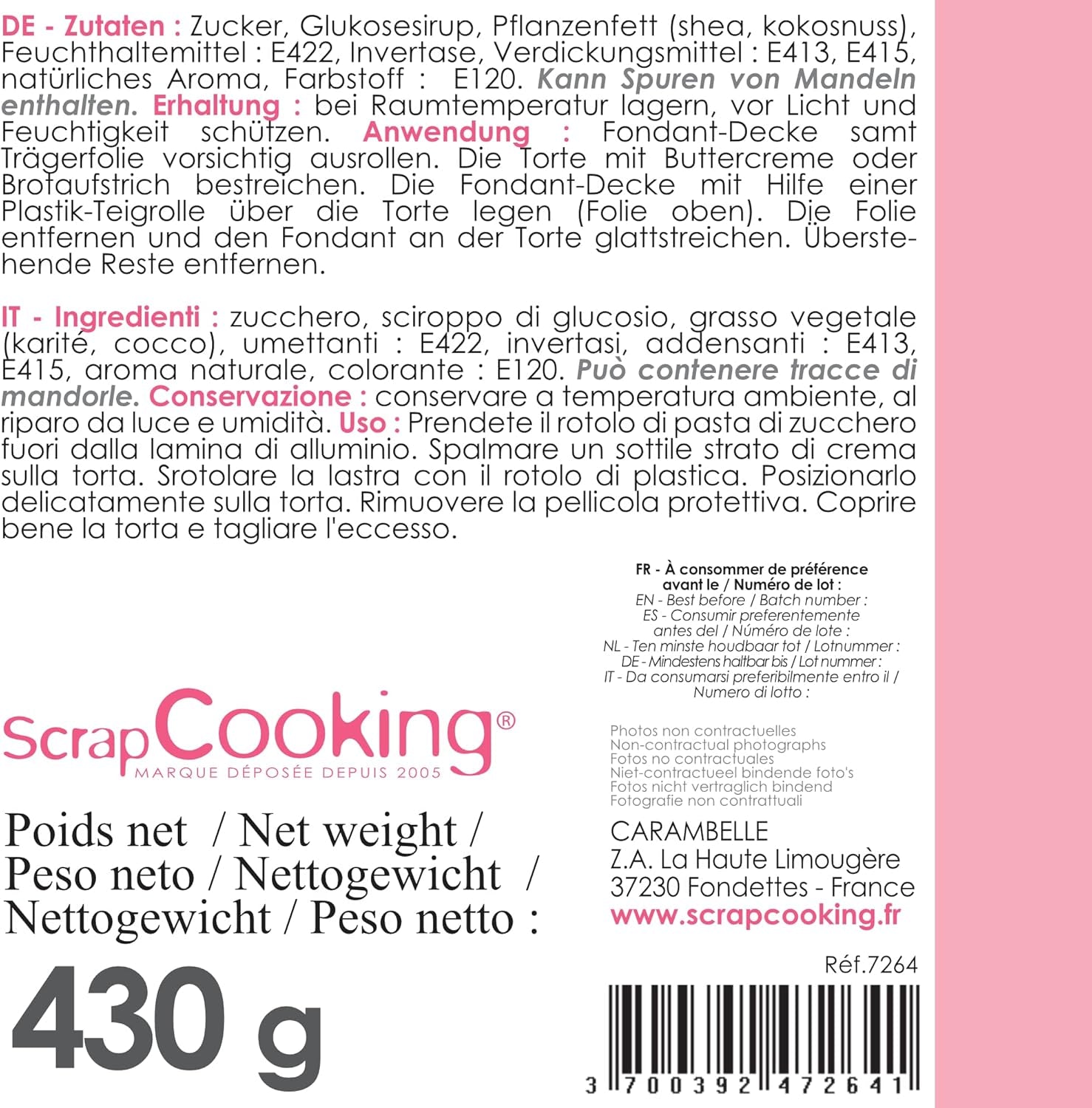 ScrapCooking - Rouleau de fondant rose â'¬ 36 cm - Fondant noir roulé 430 g - Cake topper fondant topper décoration pour gâteaux, pâtisserie, anniversaires, fêtes - Rose - 7264 Pâte à sucre Naty Shop