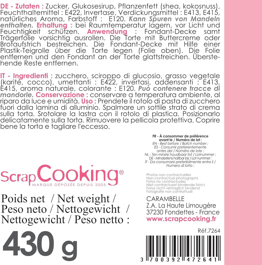 ScrapCooking - Rouleau de fondant rose â'¬ 36 cm - Fondant noir roulé 430 g - Cake topper fondant topper décoration pour gâteaux, pâtisserie, anniversaires, fêtes - Rose - 7264 Pâte à sucre Naty Shop