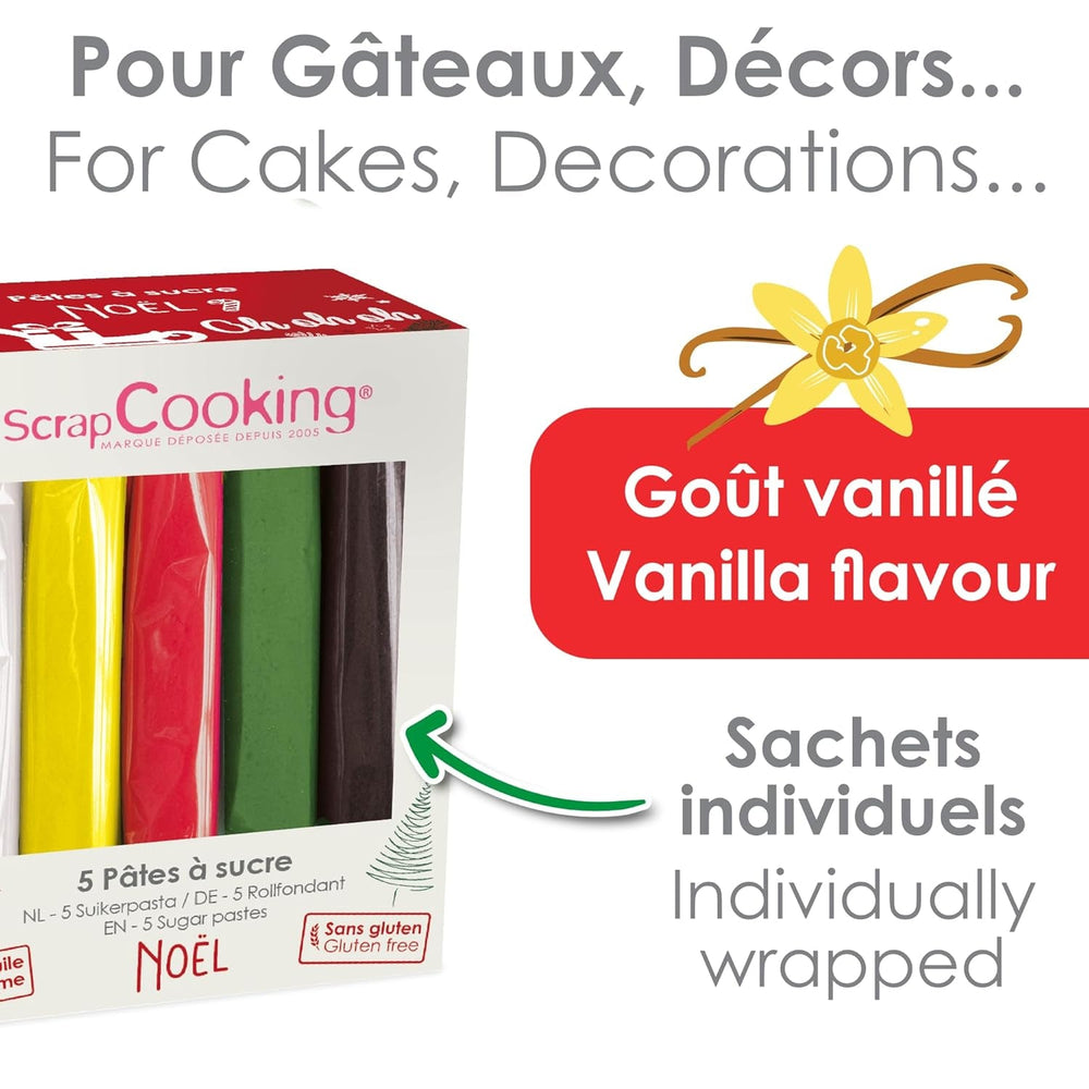ScrapCooking - Lot de 5 Fondants - blanc, jaune, rouge, vert et marron - 5 x 80g - pâte à sucre pour gâteaux Décorations de gâteaux Anniversaire Noël - sans gluten et sans huile de palme - 7257 Naty Shop Sugarpaste