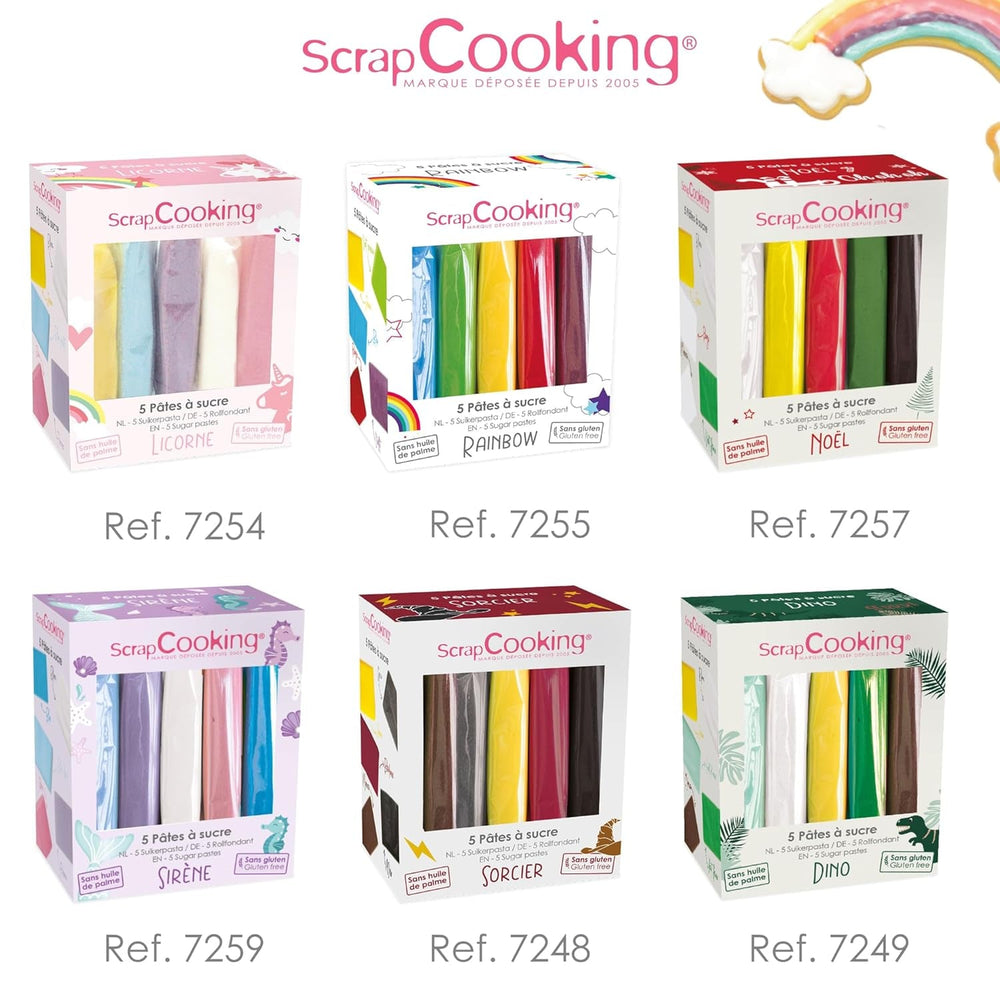 ScrapCooking - Lot de 5 Fondants - blanc, jaune, rouge, vert et marron - 5 x 80g - pâte à sucre pour gâteaux Décorations de gâteaux Anniversaire Noël - sans gluten et sans huile de palme - 7257 Naty Shop Sugarpaste
