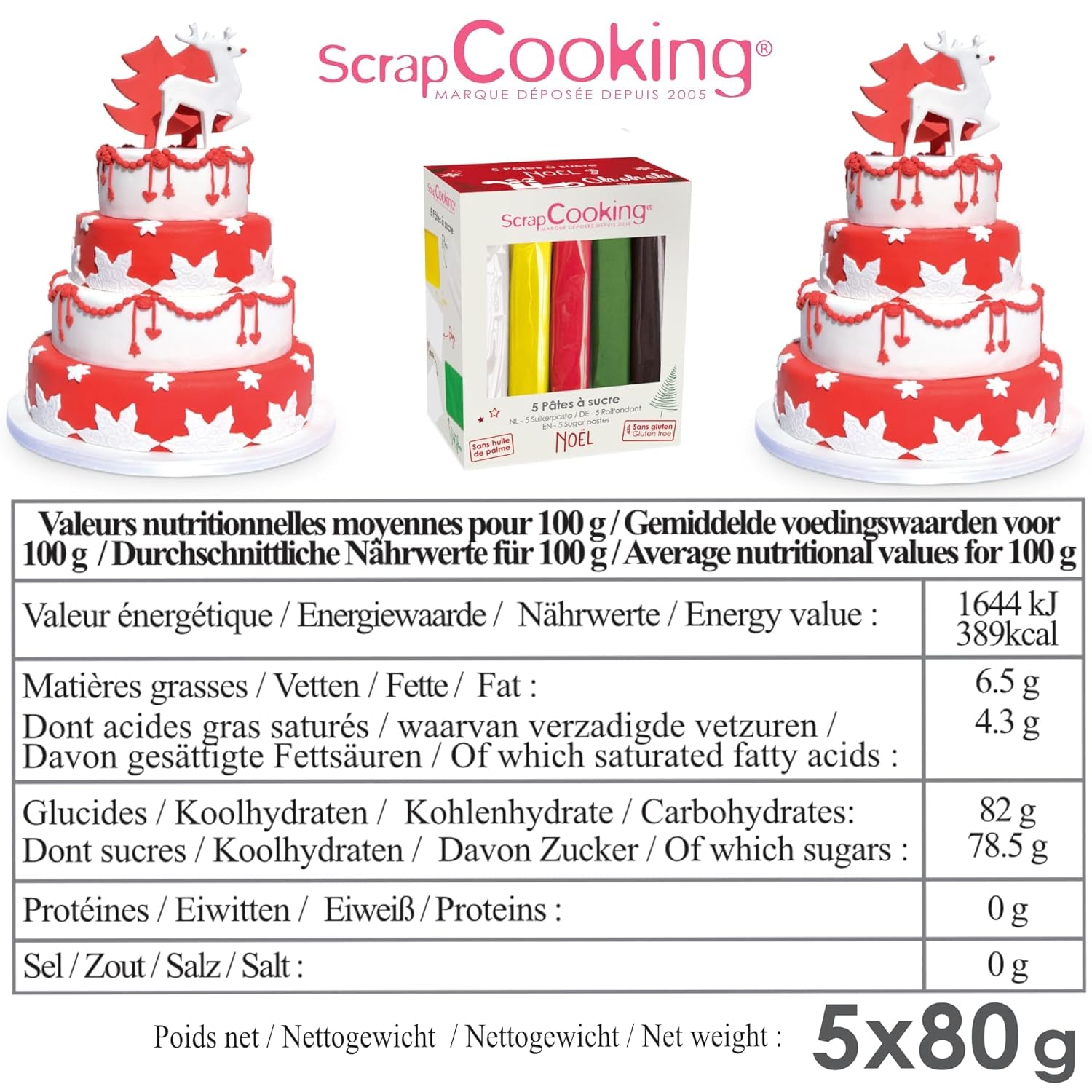 ScrapCooking - Lot de 5 Fondants - blanc, jaune, rouge, vert et marron - 5 x 80g - pâte à sucre pour gâteaux Décorations de gâteaux Anniversaire Noël - sans gluten et sans huile de palme - 7257 Naty Shop Sugarpaste