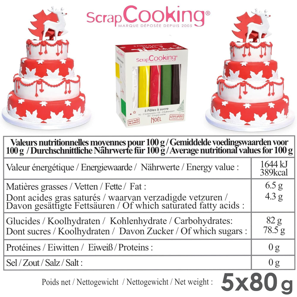 ScrapCooking - Lot de 5 Fondants - blanc, jaune, rouge, vert et marron - 5 x 80g - pâte à sucre pour gâteaux Décorations de gâteaux Anniversaire Noël - sans gluten et sans huile de palme - 7257 Naty Shop Sugarpaste