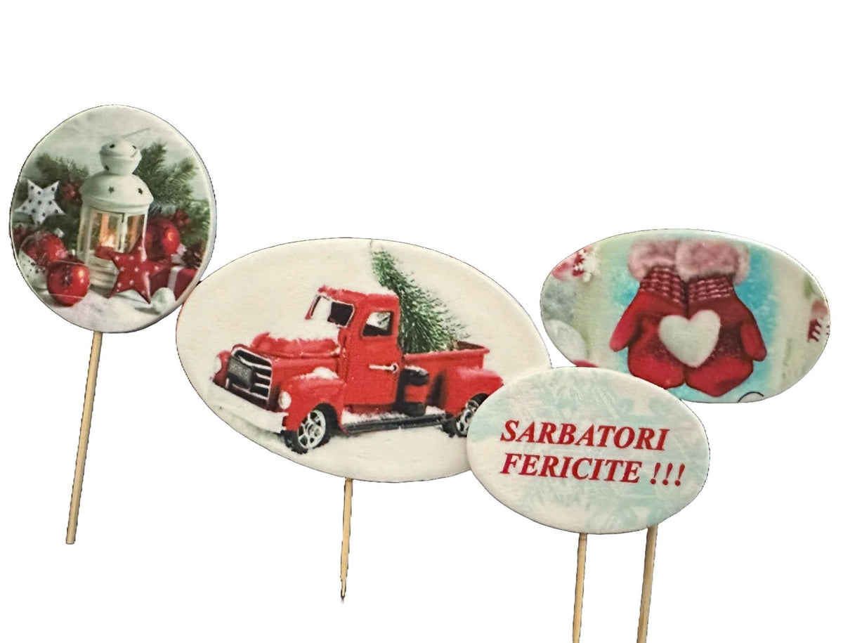 Set 4 decoratiuni comestibile din zahar, Sarbatori Fericite! Nati Shop