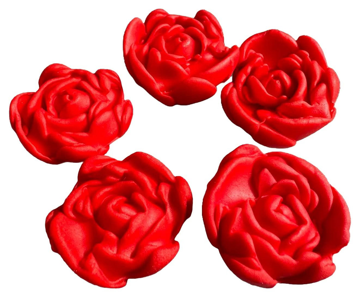 Set 5 decoratiuni comestibile din zahar, Trandafiri rosii Decoratiuni din Pasta de Zahar Nati Shop