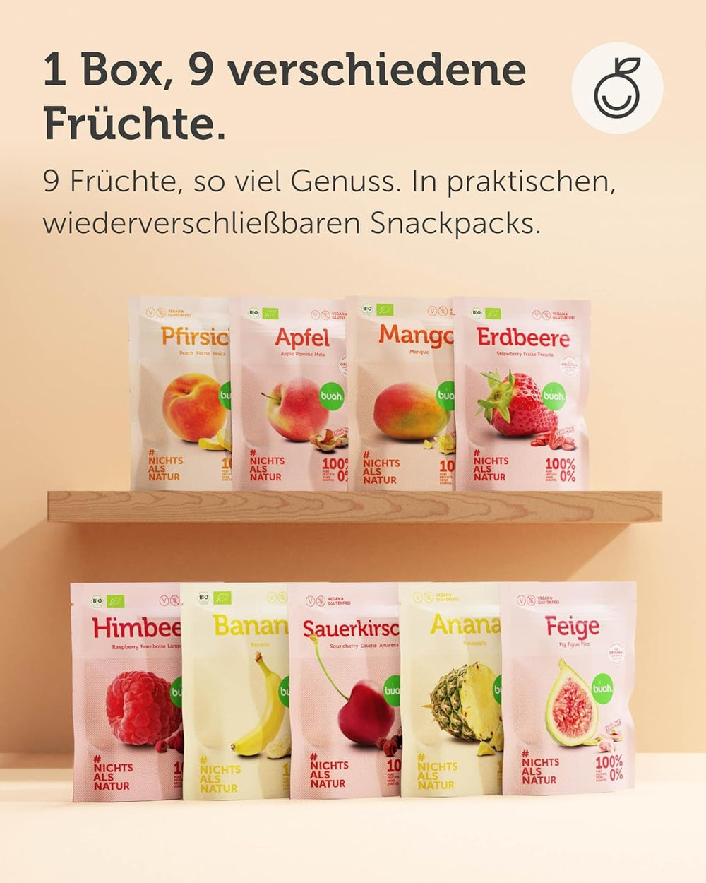 Coffret de dégustation de fruits lyophilisés BUAH® | Snack parfait composé de chips de fruits croustillantes | Bonbons alternatifs sans sucre ajouté, toppings pour porridge | Produits déshydratés végétaliens sans gluten Naty Shop