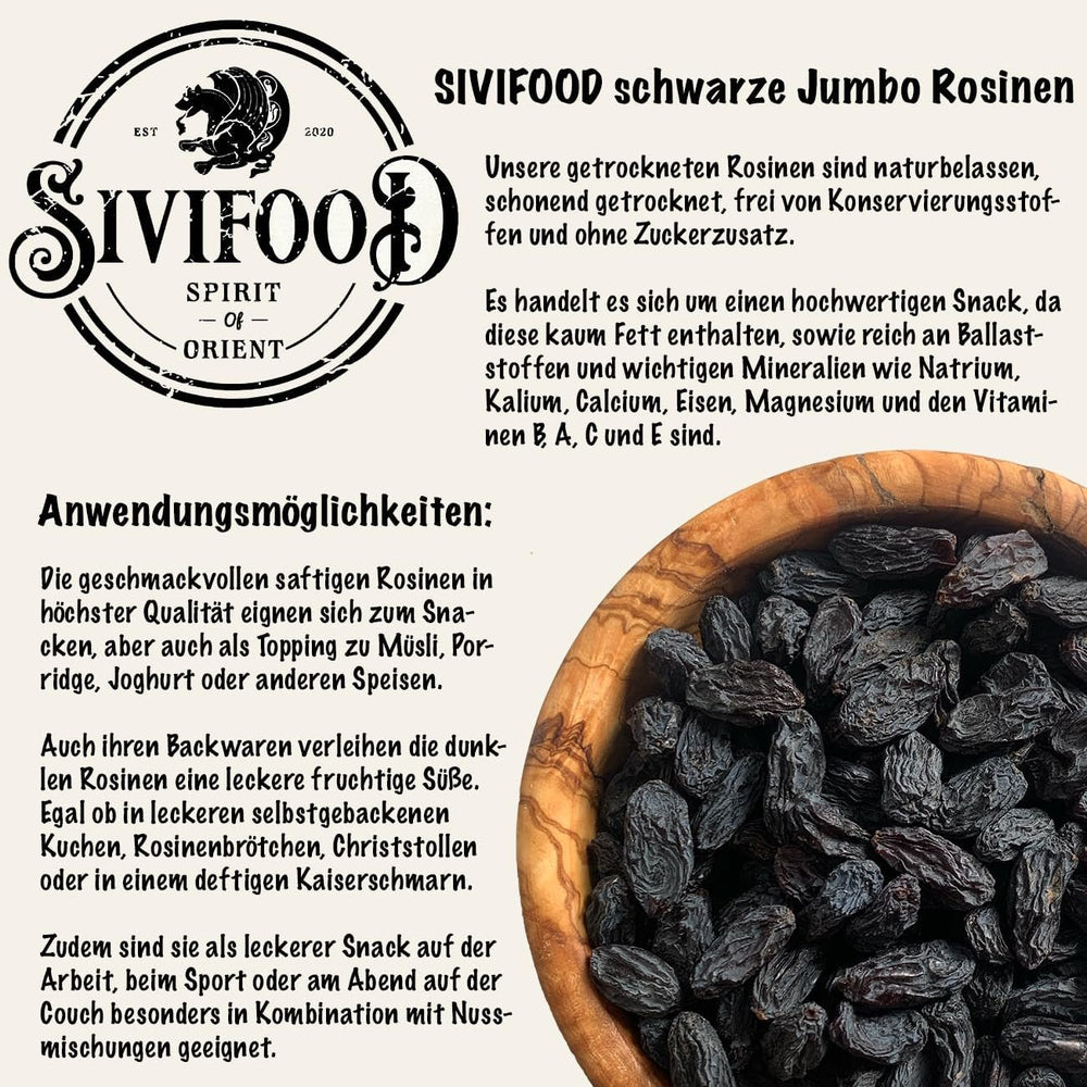 SIVIFOOD raisins secs noirs jumbo 300g - gros et délicieux raisins secs noirs de qualité supérieure, raisins fruités sucrés naturellement séchés, non sulfurés, non sucrés, sans huile, sans additifs Kishmish, produits déshydratés Naty Shop
