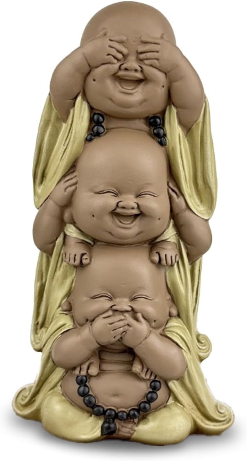 Statue 3 Bouddhas rieurs - Ne rien voir - Ne rien entendre - Ne rien dire - Bébé Bouddha Ensemble symbolique - Ambiance paisible et joyeuse - Déco zen - H 18 cm - Zen'Light Statuettes et sculptures Naty Shop Marron Beige H 18