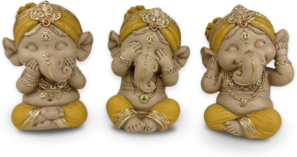 Statue 3 Bouddhas rieurs - Ne rien voir - Ne rien entendre - Ne rien dire - Bébé Bouddha Ensemble symbolique - Ambiance paisible et joyeuse - Déco zen - H 18 cm - Zen'Light Statuettes et sculptures Naty Shop Jaune doré H 9