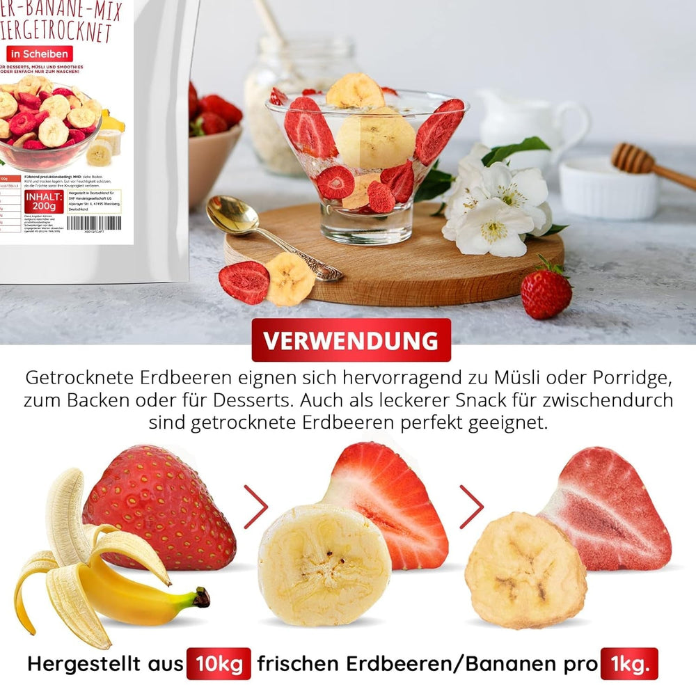 Mélange fraise-banane 200g - fraises lyophilisées et bananes lyophilisées comme délicieux en-cas en sachet Produits déshydratés Naty Shop