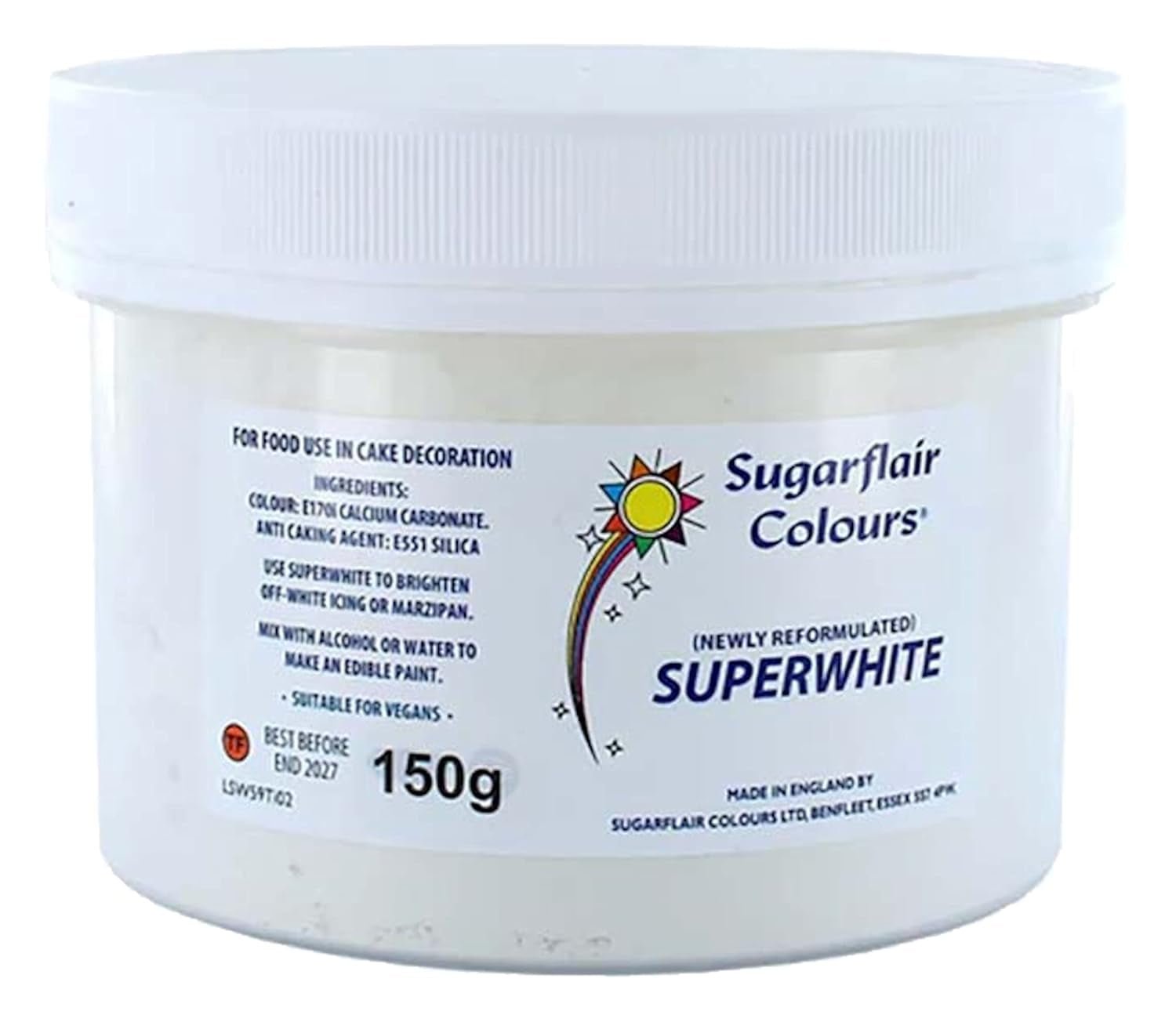 Sugarflair Superwhite Icing Whitener, albitor de glazură pentru glazură regală, colorant alimentar comestibil extra mai alb - 150g Pasta de zahar Naty Shop Default Title
