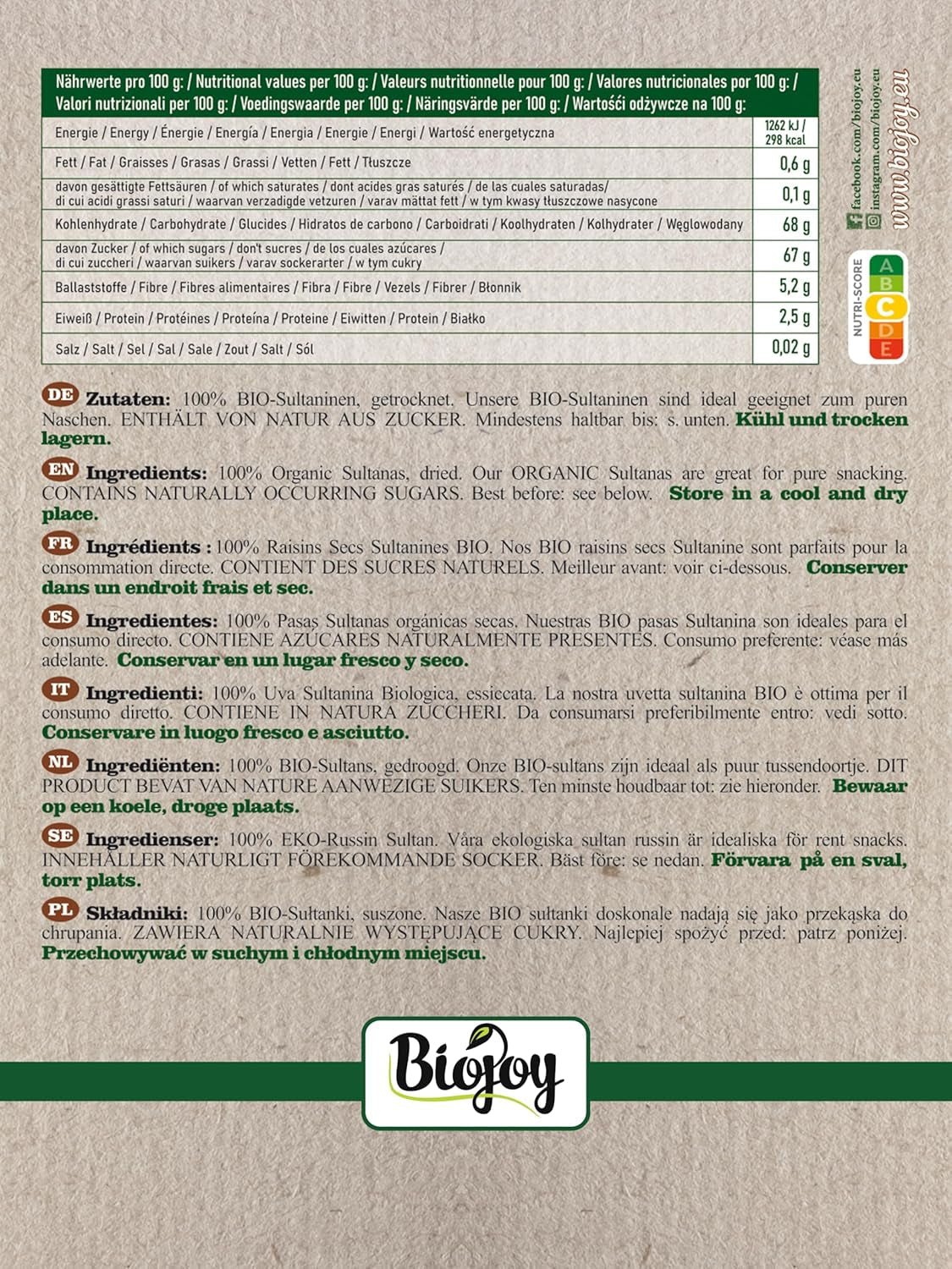 Raisins secs bio Biojoy (500 g), produits déshydratés Naty Shop séchés et non soufrés