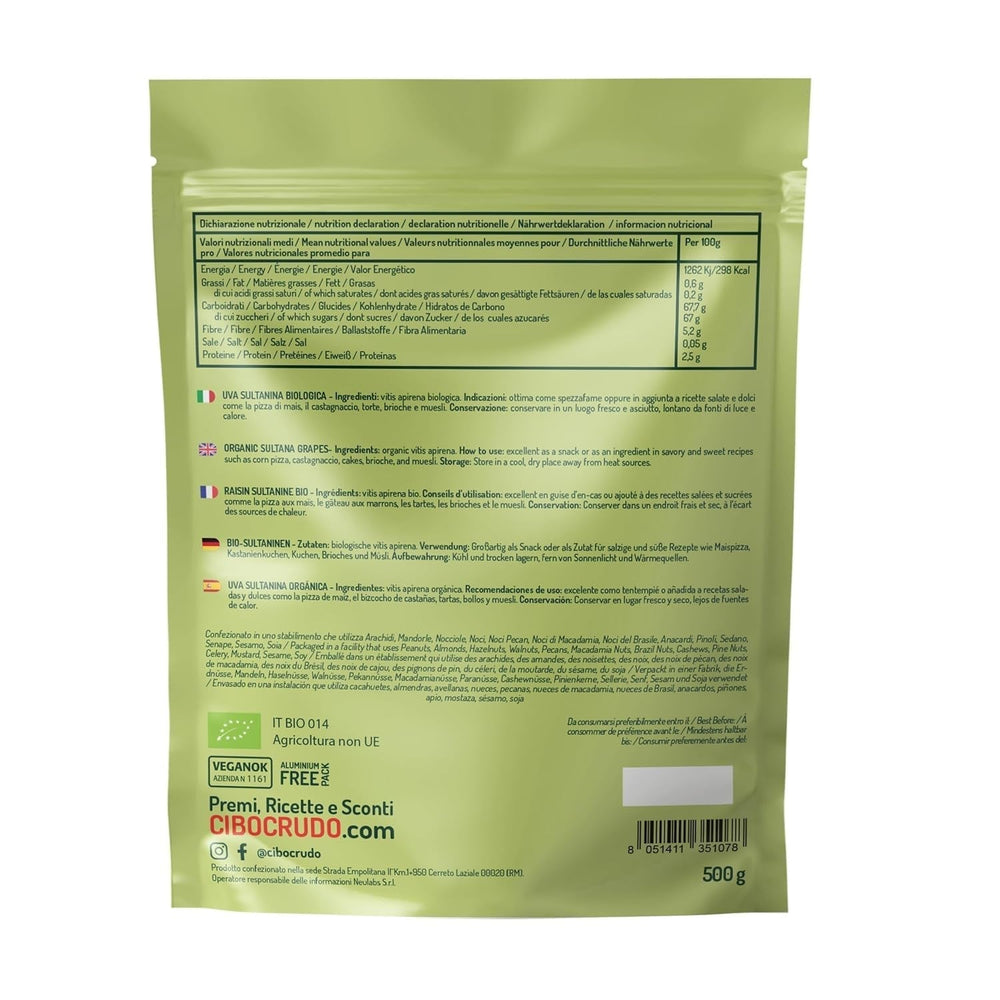 Raisins secs soufrés bio - 500g. Déshydraté et cru. Sultanes déshydratées sans sucre ajouté à consommer comme collations ou desserts. Produits déshydratés Naty Shop