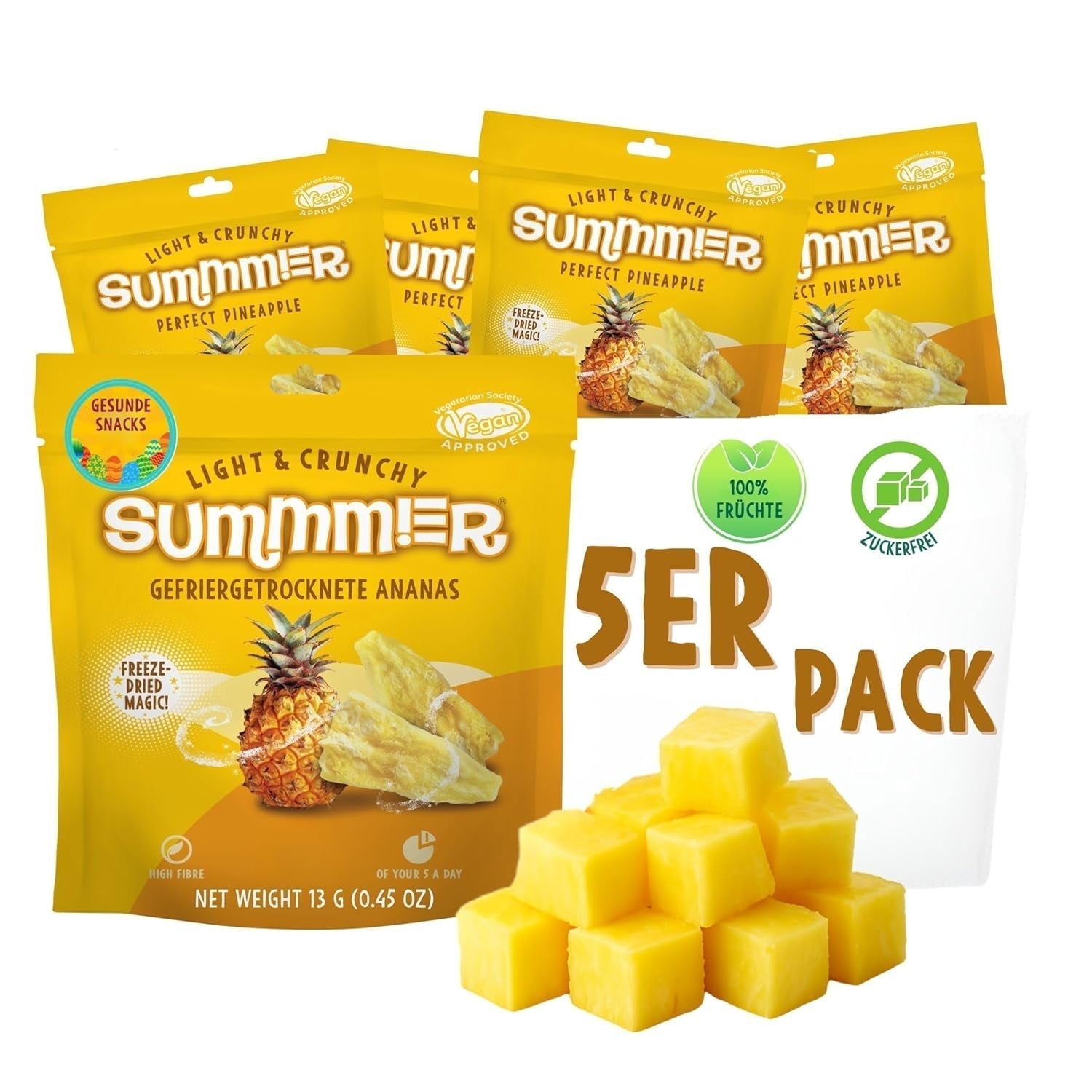 Fraises lyophilisées Summer - paquet de 5 - délicieux snacks croquants sans sucre, 100% naturels, pour enfants et adultes, idéal pour les céréales et les lunch box (55g) Produits déshydratés Naty Shop Pack de 5 Ananas