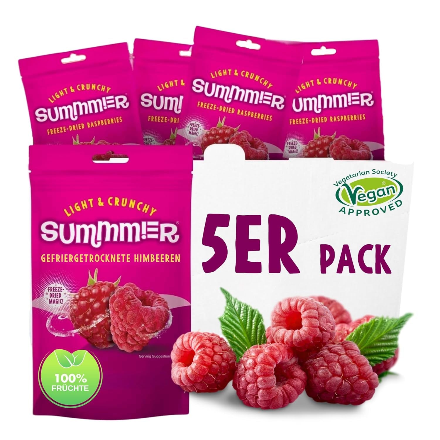 Fraises lyophilisées Summmer - Paquet de 5 - Sans sucre, 100% naturelles, délicieuses collations croquantes pour enfants et adultes, idéales pour les céréales et les boîtes à lunch (55 g) Produits déshydratés Naty Shop Pack de 5 Framboises