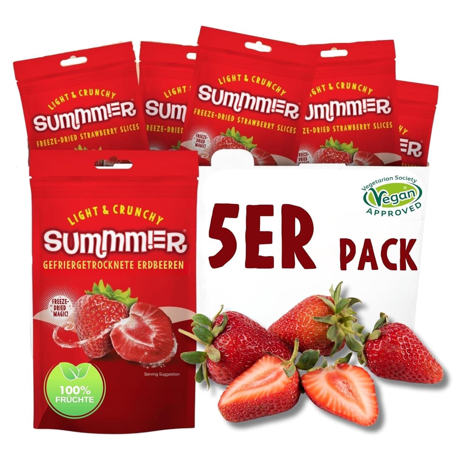 Fraises lyophilisées Summer - paquet de 5 - délicieux snacks croquants sans sucre, 100% naturels, pour enfants et adultes, idéal pour les céréales et les boîtes à lunch (55g) Produits déshydratés Naty Shop Pack de 5 Fraises
