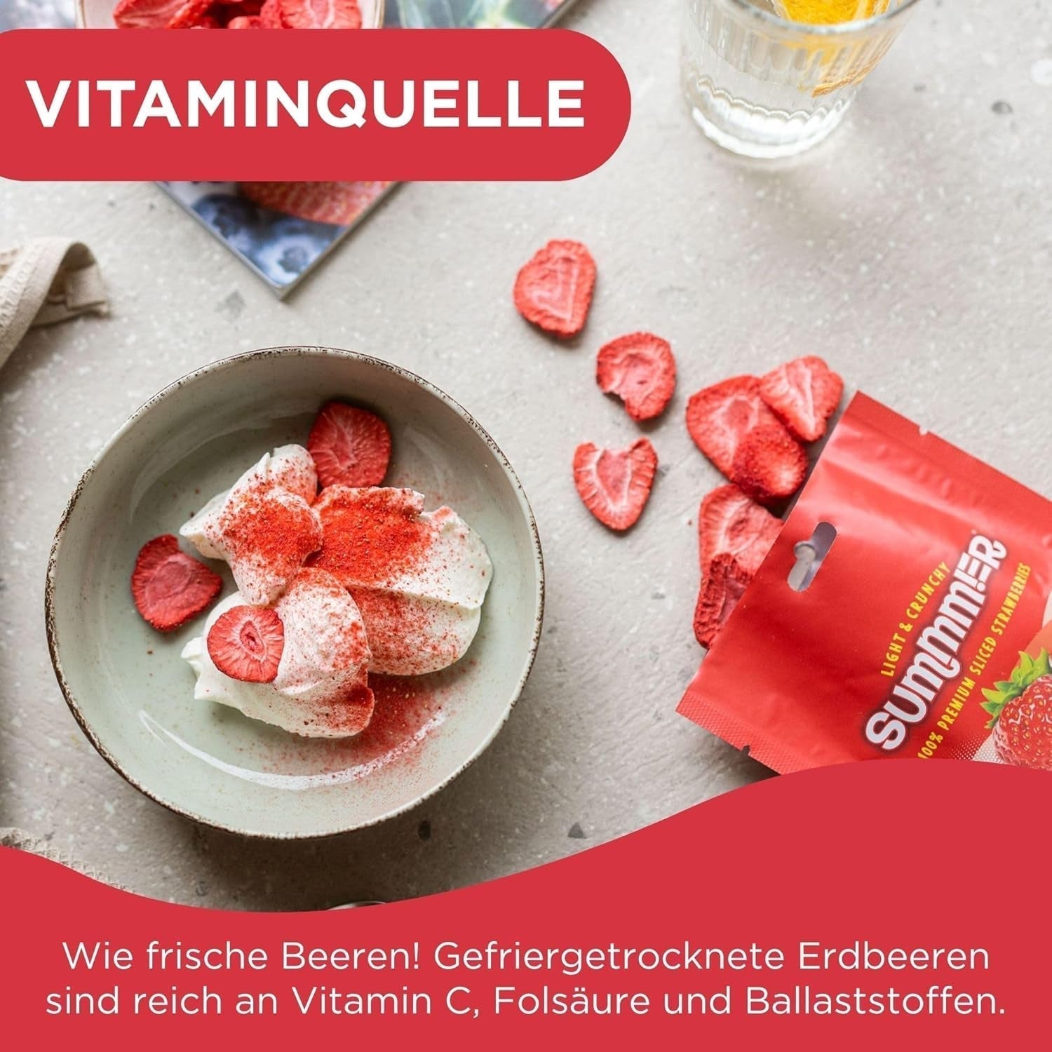 Fraises lyophilisées Summer - lot de 5 - délicieux snacks croquants sans sucre, 100% naturels, pour enfants et adultes, idéal pour les céréales et les lunch box (55g) Produits déshydratés Naty Shop