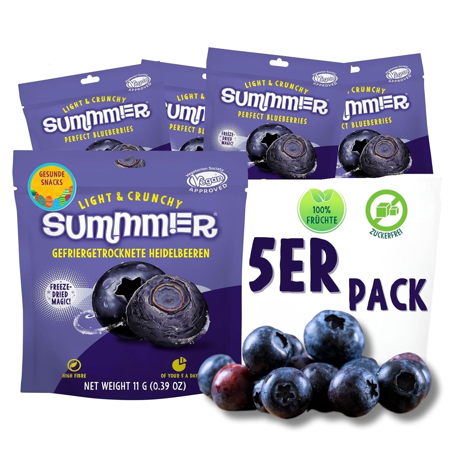 Fraises lyophilisées Summer - paquet de 5 - délicieux snacks croquants sans sucre, 100% naturels, pour enfants et adultes, idéal pour les céréales et les boîtes à lunch (55g) Produits déshydratés Naty Shop Pack de 5 Myrtilles