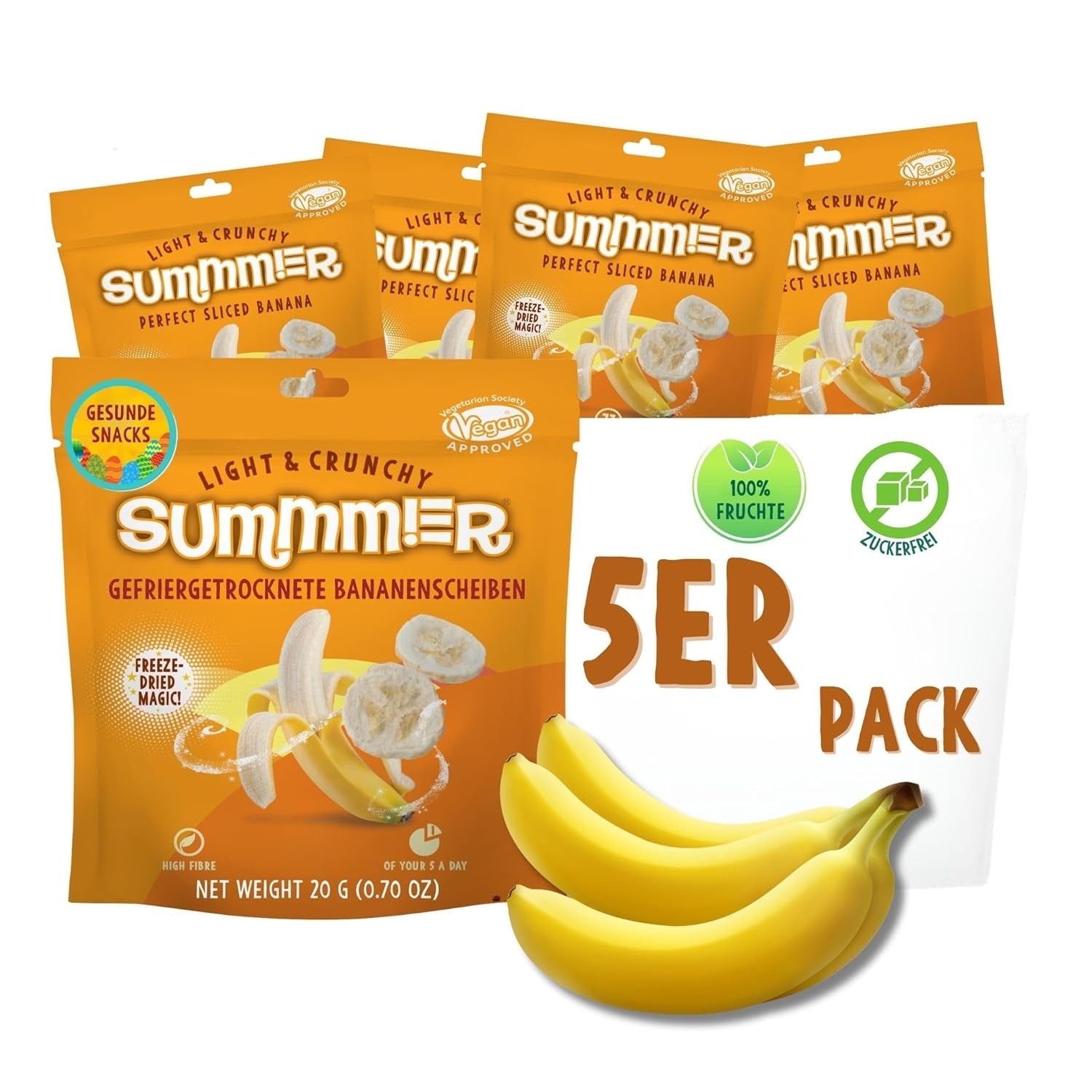 Fraises lyophilisées Summer - paquet de 5 - délicieux snacks croquants sans sucre, 100% naturels, pour enfants et adultes, idéal pour les céréales et les lunch box (55g) Produits déshydratés Naty Shop Pack de 5 Banane