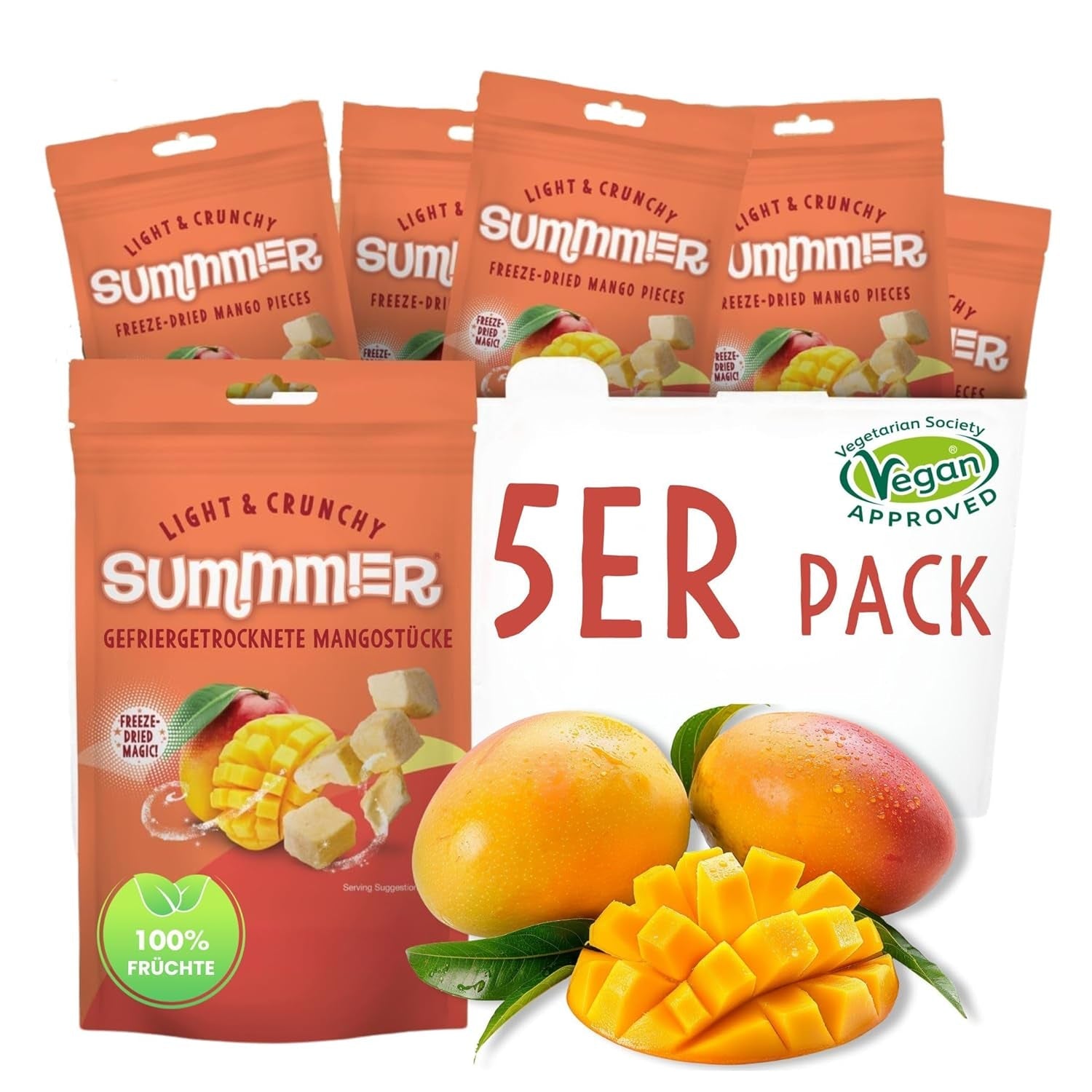 Fraises lyophilisées Summer - lot de 5 - délicieux snacks croquants sans sucre, 100% naturels, pour enfants et adultes, idéal pour les céréales et les lunch box (55g) Produits déshydratés Naty Shop Pack de 5 Mangue