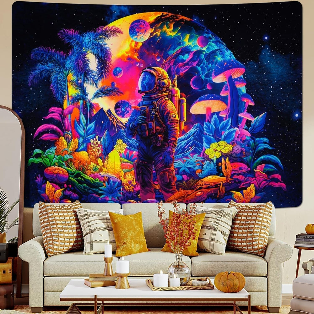 Tapisserie alishomtll lumière noire astronaute champignon fluorescent botanique Maison - Accessoires et Décorations Naty Shop
