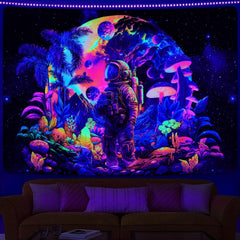 Tapisserie alishomtll lumière noire astronaute champignon fluorescent botanique Maison - Accessoires et Décorations Naty Shop