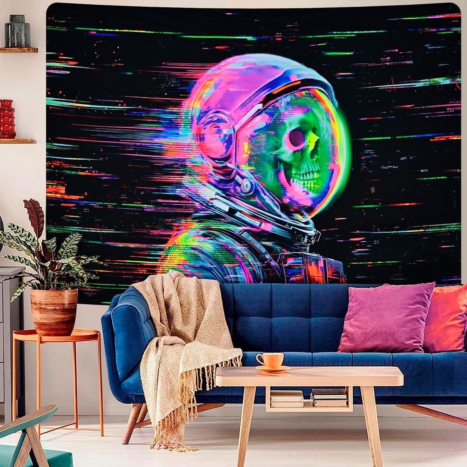 Tapisserie alishomtll crâne fluorescent astronaute lumière noire Maison - Accessoires et Décorations Naty Shop