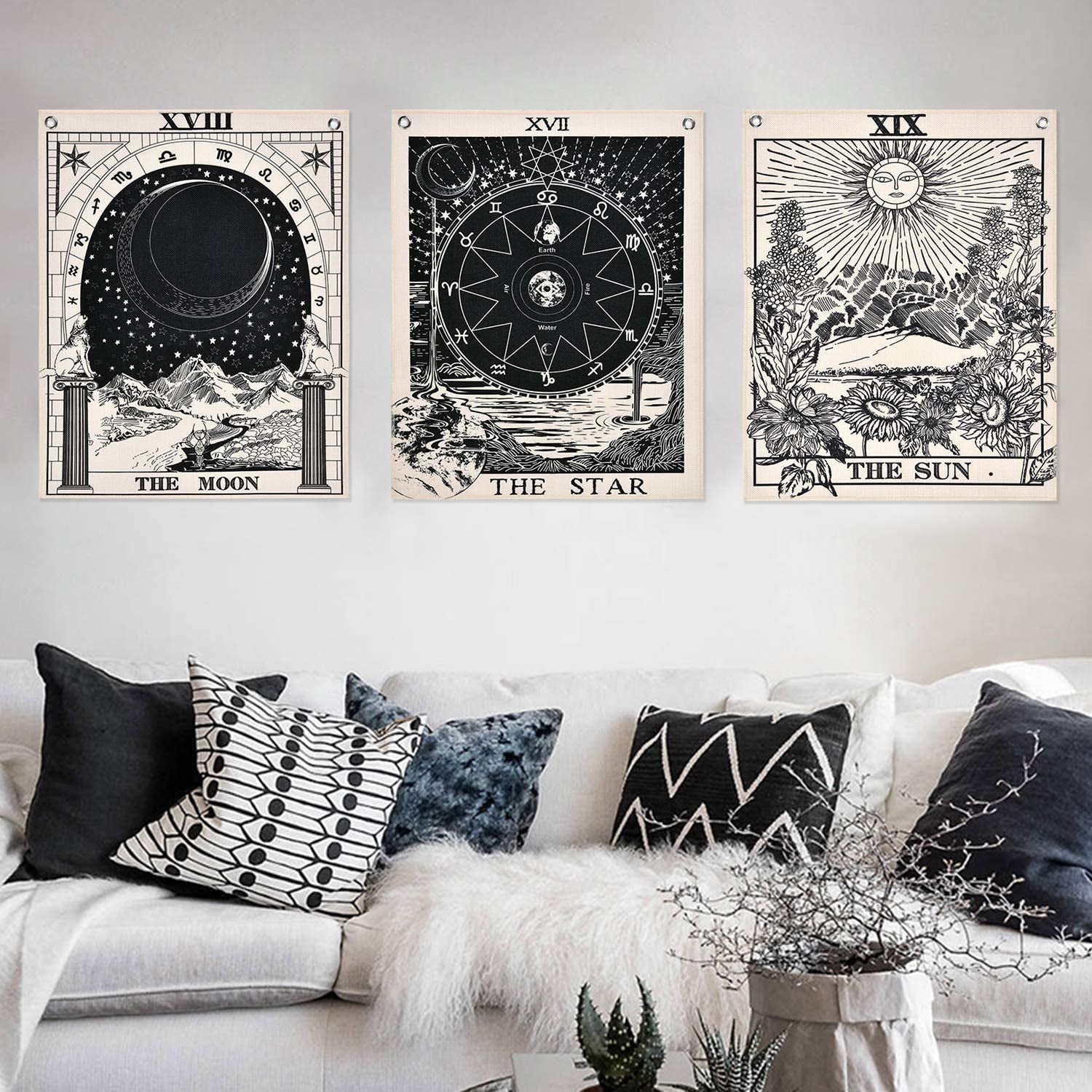 Alishomtll tapisserie jeu de tarot soleil lune étoiles Accueil - Accessoires et Décorations Naty Shop Jeu de tarot (noir et blanc) 40 X 50 Cm