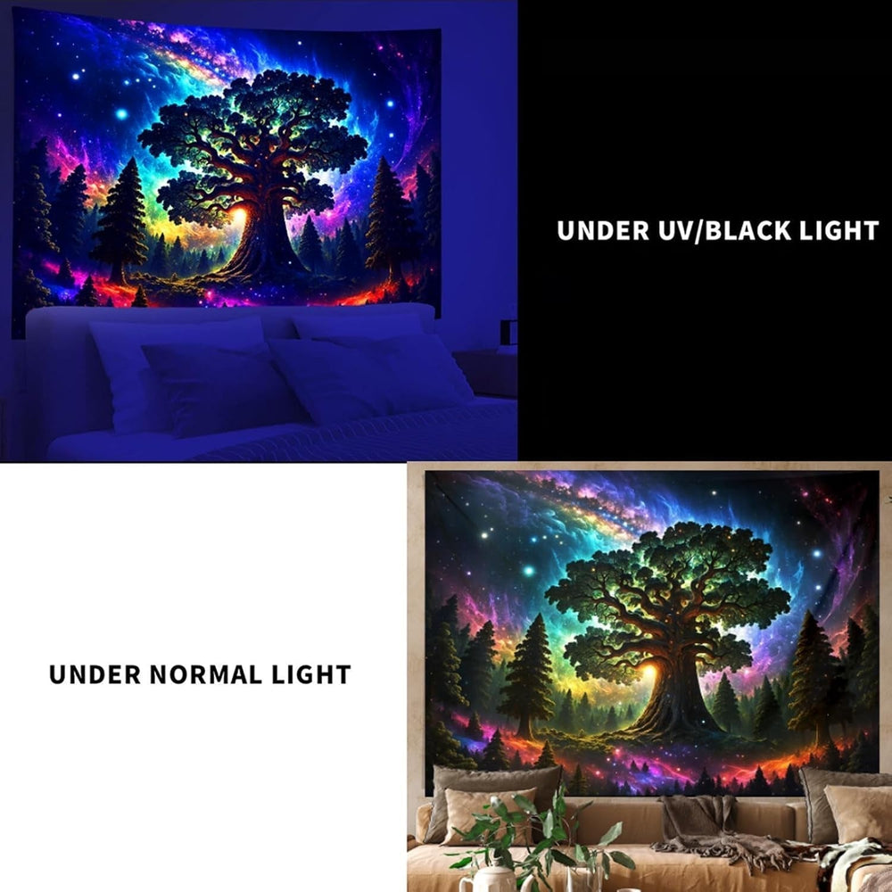 Tapisserie lumière noire forêt psychédélique nature arbre étoiles galaxie Maison - Accessoires et Décorations Naty Shop