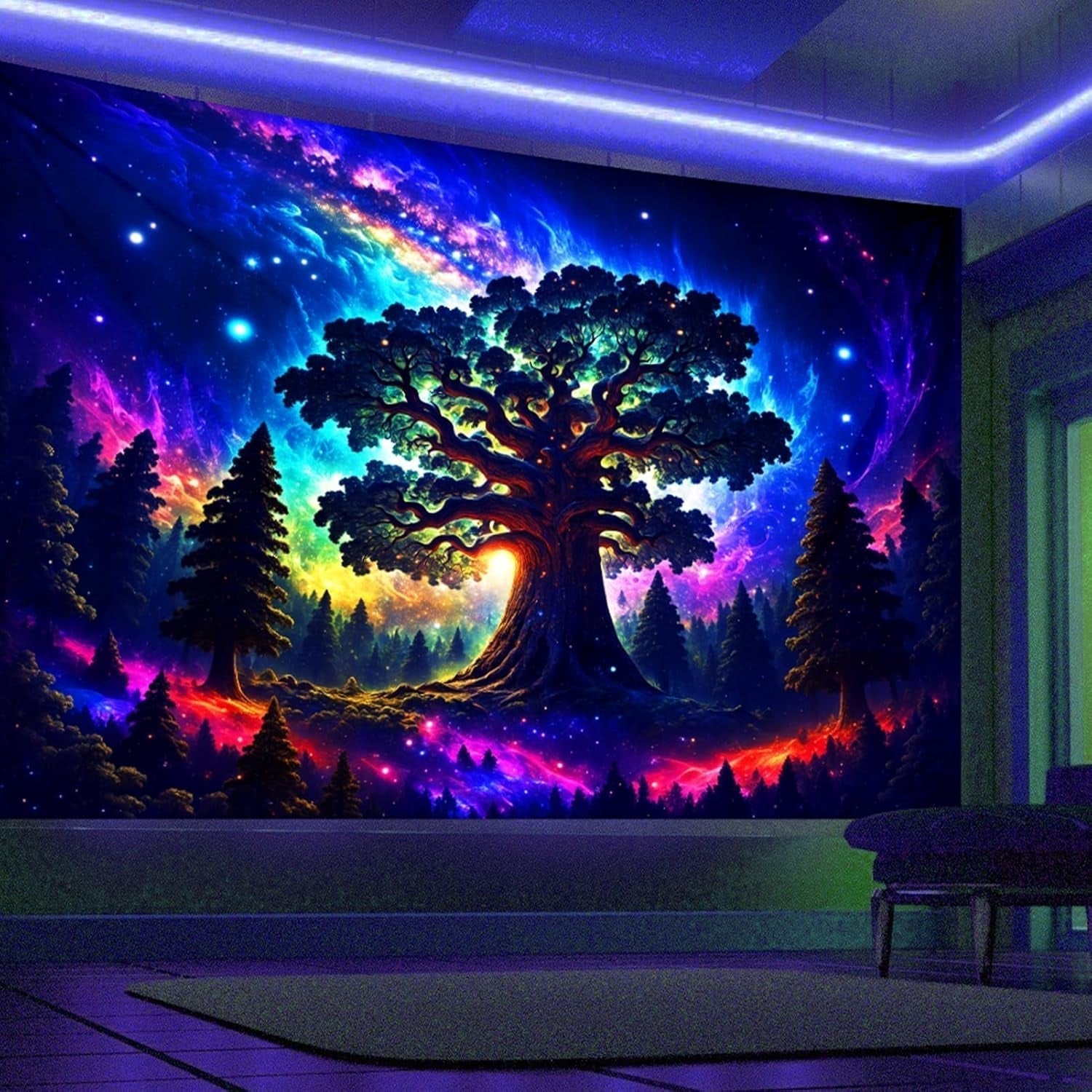 Tapisserie lumière noire forêt psychédélique nature arbre étoiles galaxie Maison - Accessoires et Décorations Naty Shop 200L X 150B Cm