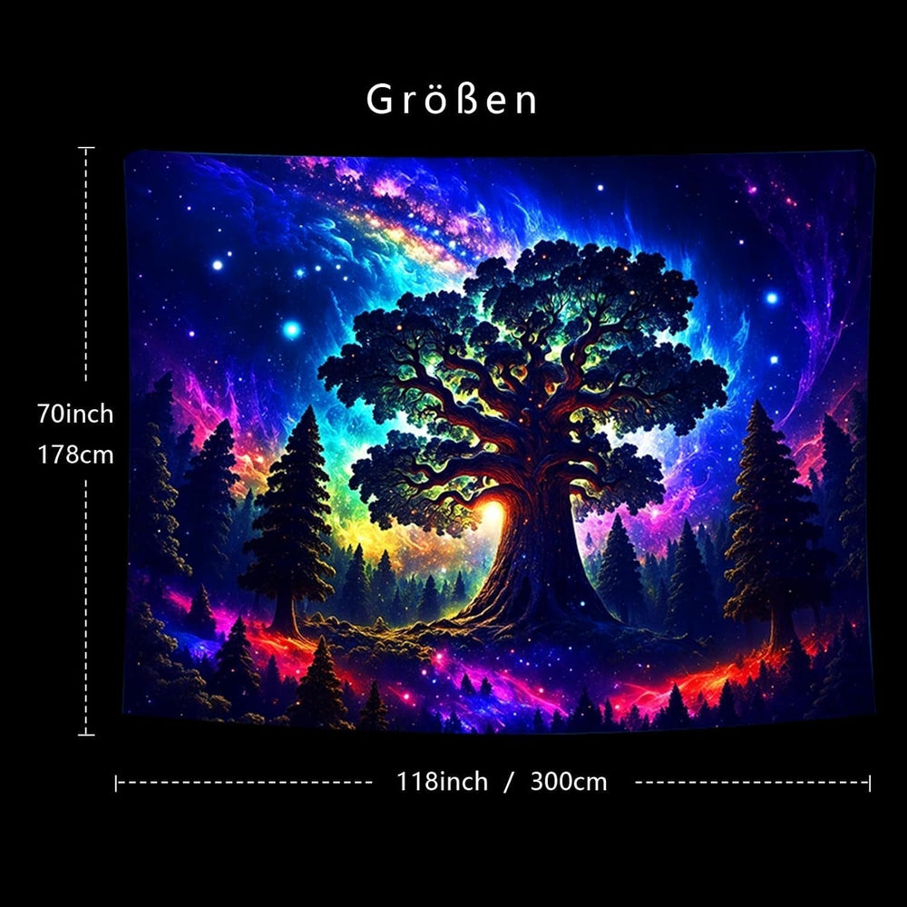 Tapisserie lumière noire forêt psychédélique nature arbre étoiles galaxie Maison - Accessoires et Décorations Naty Shop