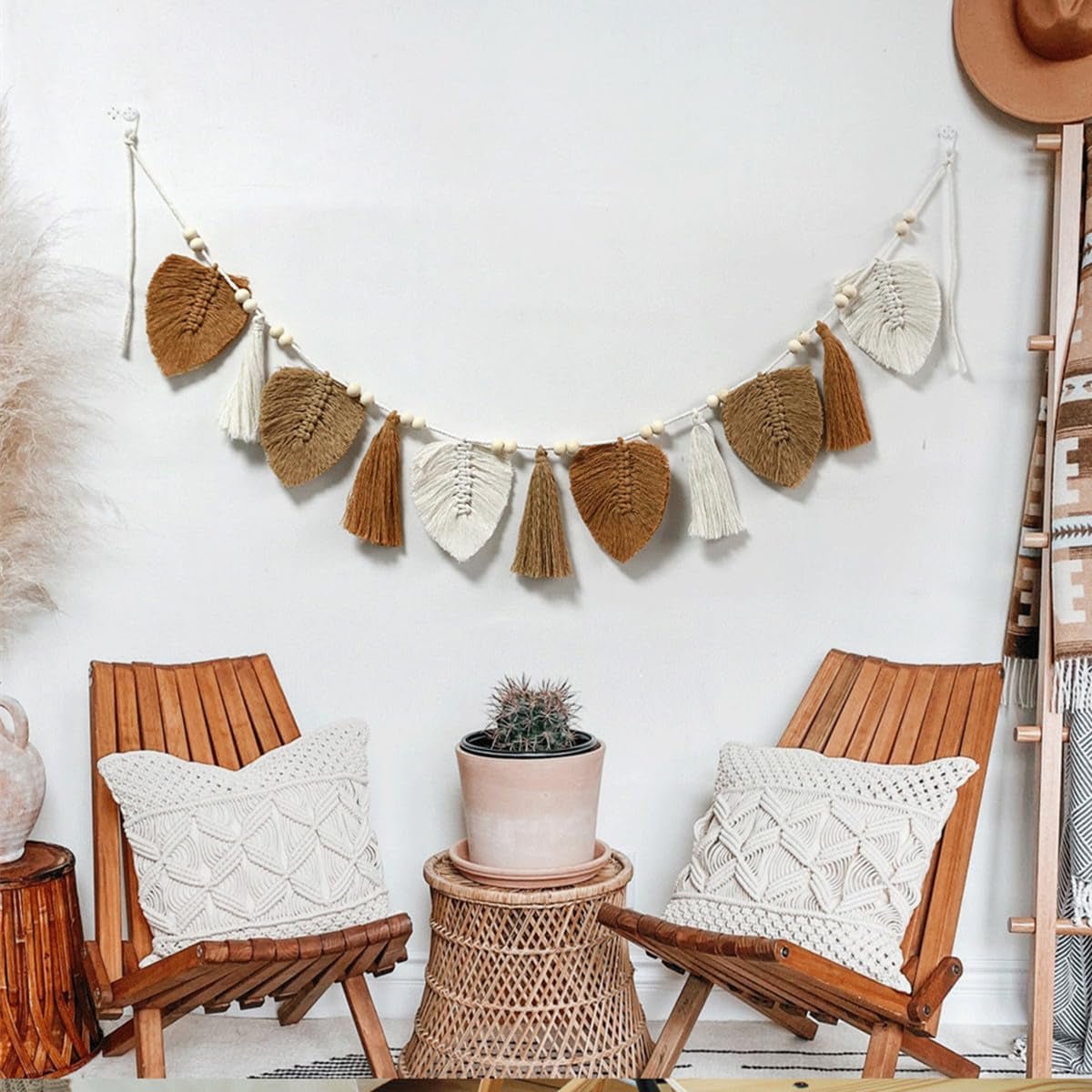 Tapisserie décorative tissée feuilles franges chic Accueil - Accessoires et Décorations Naty Shop