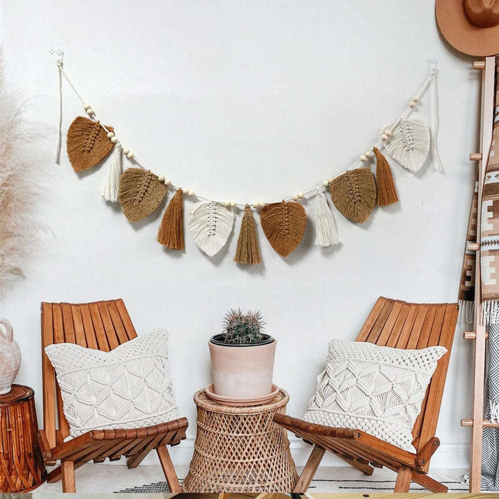 Tapisserie décorative tissée feuilles franges chic Accueil - Accessoires et Décorations Naty Shop