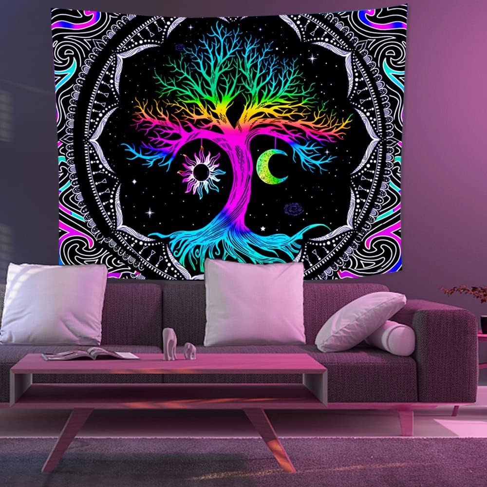 Tapisserie fluorescente arbre vie lune psychédélique Accueil - Accessoires et Décorations Naty Shop