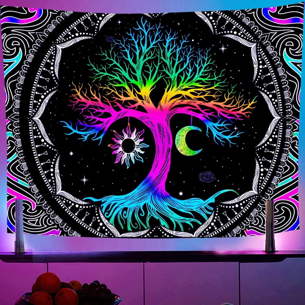 Tapisserie fluorescente arbre vie lune psychédélique Accueil - Accessoires et Décorations Naty Shop Default Title