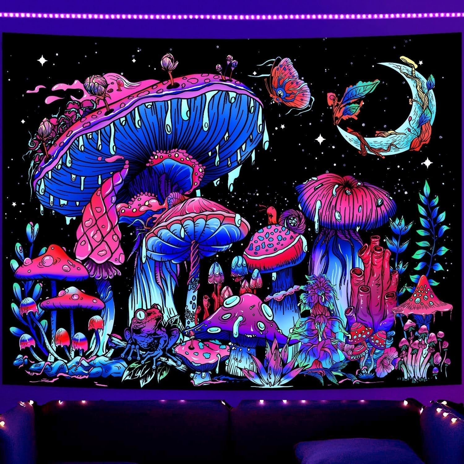 Tapisserie galaxie lumière noire ciel étoilé bleu réactif Accueil - Accessoires et Décorations Naty Shop Champignon 150L X 130B Cm