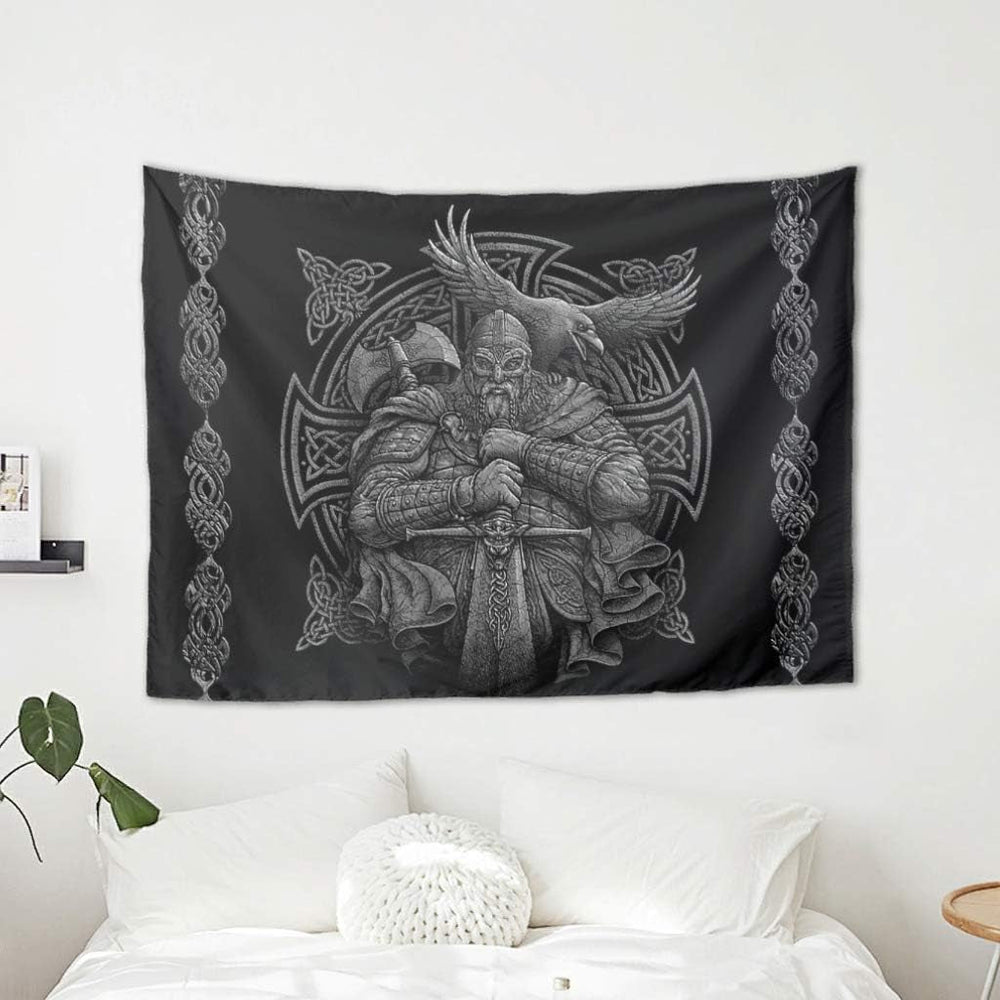 Tapisserie grise viking odin hache épée corbeau croix Accueil - Accessoires et Décorations Naty Shop